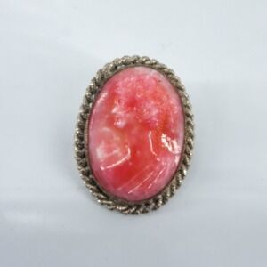 Vtg Pink Conch Shell Cameo Brooch Silver Tone Rope Border Hand Carved Italy